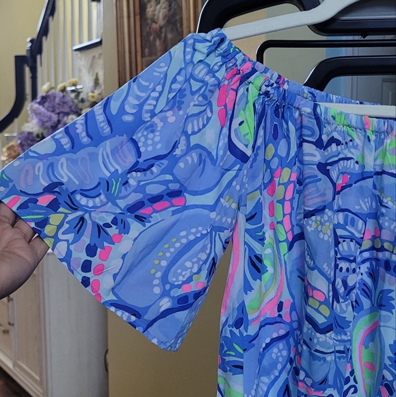 Lilly Pulitzer Sain Blue Peri in “Pinch Pinch” Print Off The Shoulder Top Sz S - Picture 6 of 12